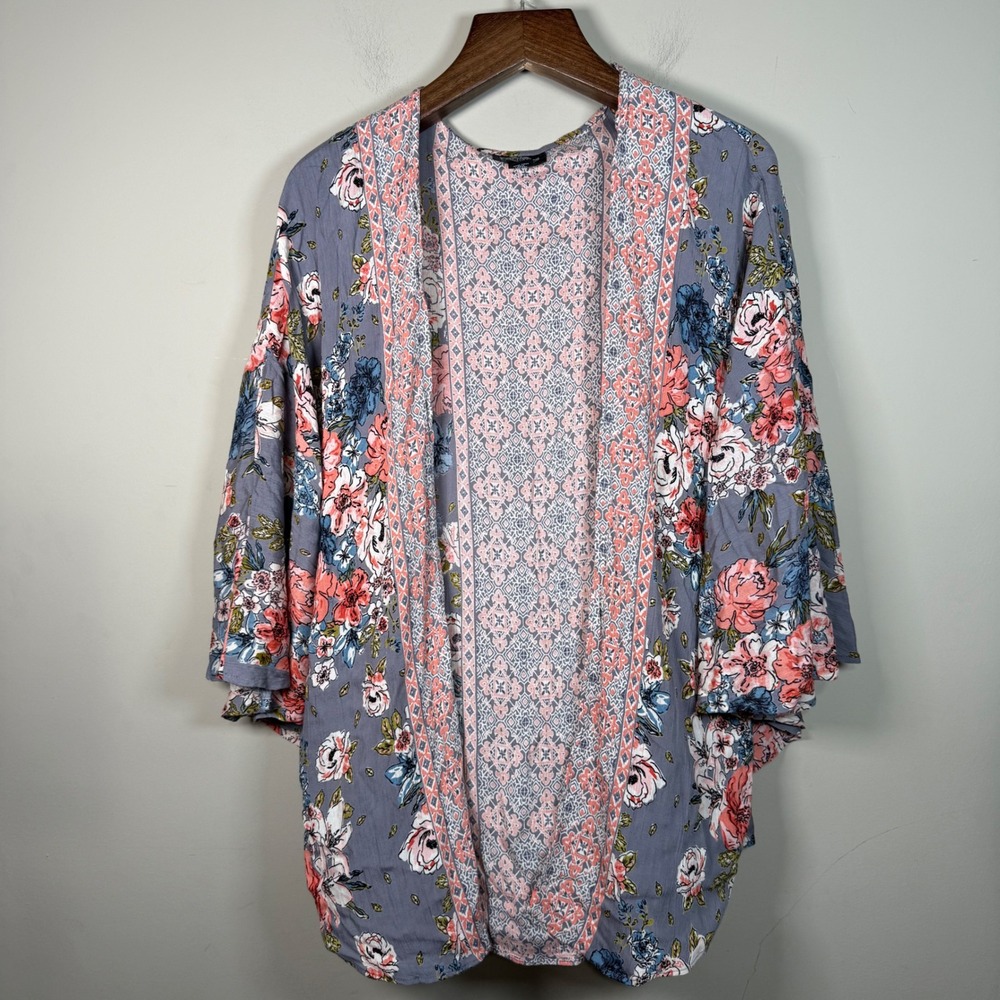 Angie Mixed Pattern Floral Boho Open Front Kimono Cardigan Medium - Picture 2 of 12